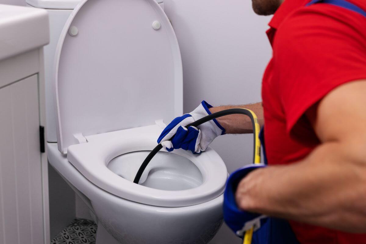 Plumber unblocking a toilet with a hydrojet